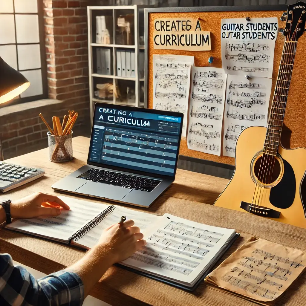 Guitar instructor planning lessons at a desk with sheet music, a laptop displaying guitar tabs, and a guitar leaning against the desk. The setting is well-lit and inviting, highlighting creativity and professionalism in music teaching.