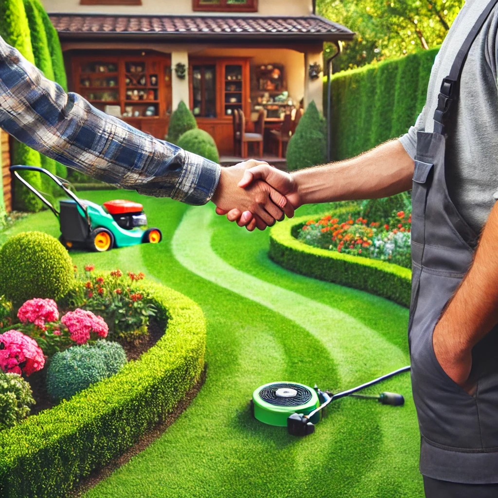 Professional landscaper shaking hands with a satisfied homeowner in a well-maintained backyard, featuring colorful flower beds, trimmed hedges, and landscaping tools.