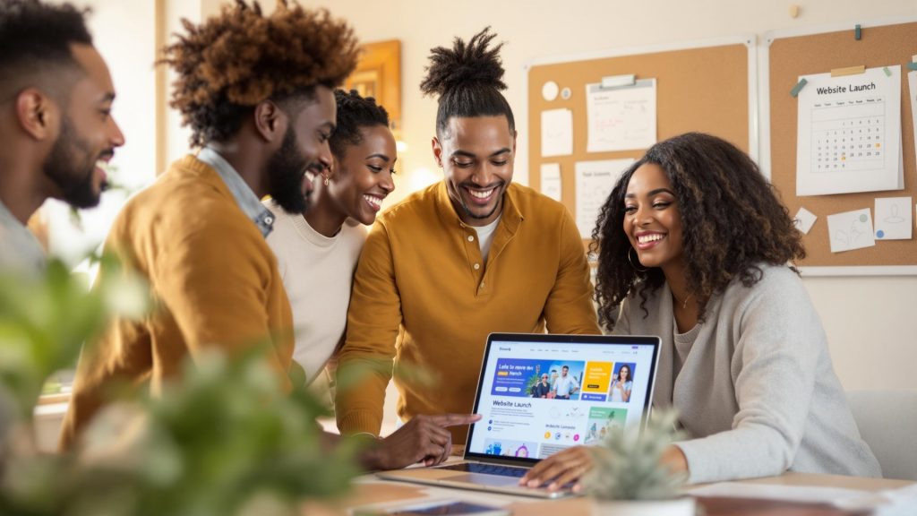 A group of professionals collaborating around a laptop, showcasing a website launch on the screen, in a bright office setting with a bulletin board in the background.