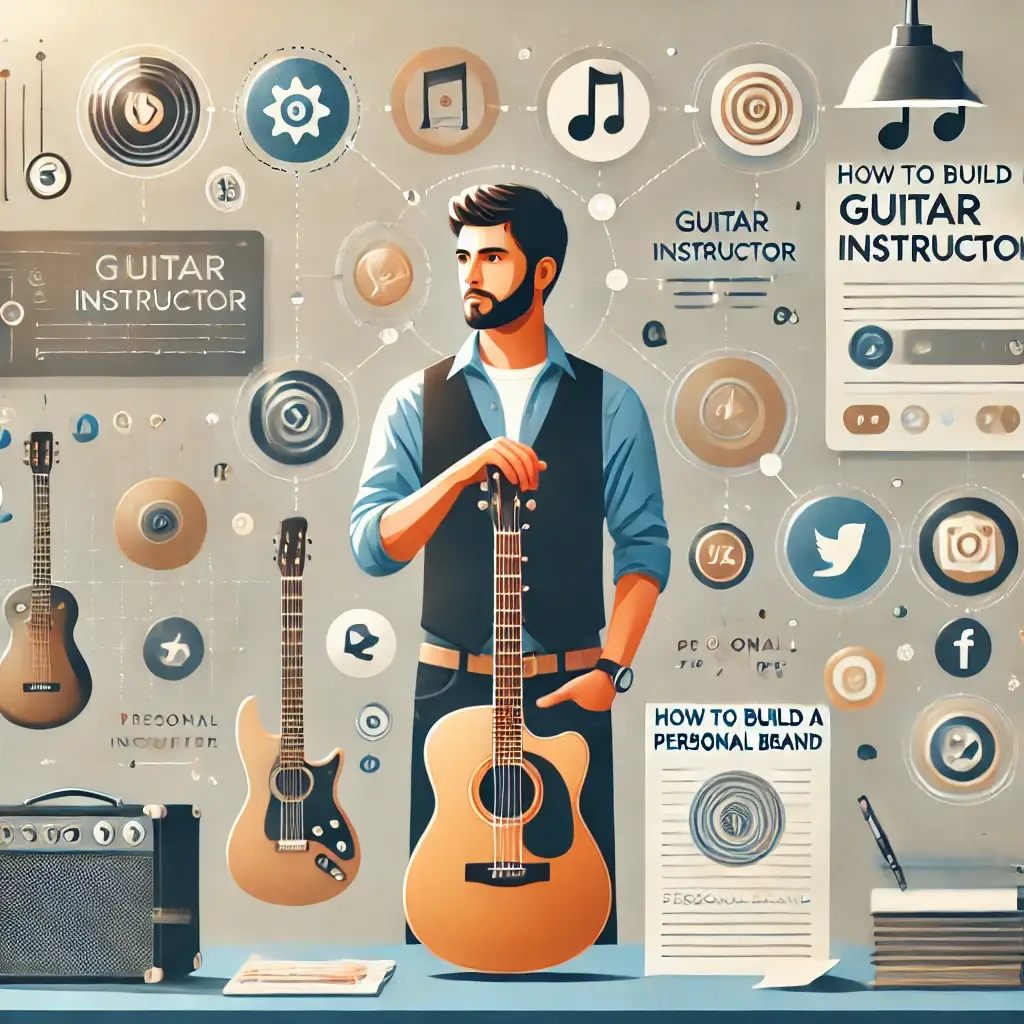 Professional guitar instructor in a modern teaching environment, surrounded by branding elements like a logo, social media icons, and professional materials, holding a guitar with a warm and inspiring aesthetic