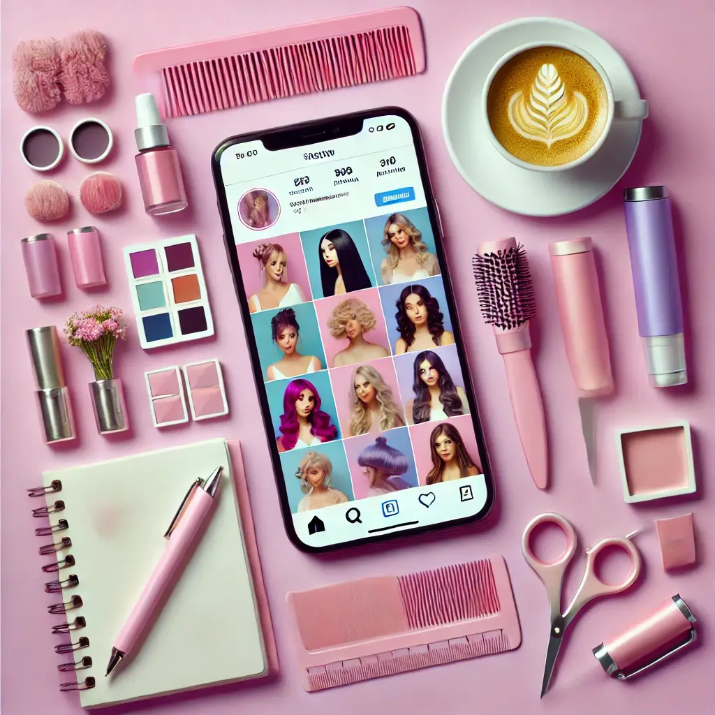 A visually appealing mockup of a smartphone displaying a salon’s Instagram feed or a social media dashboard. Include photos of hairstyles, beauty products, and salon branding elements. Surround the phone with additional tools like a notepad, pen, and coffee cup to evoke productivity and creativity.