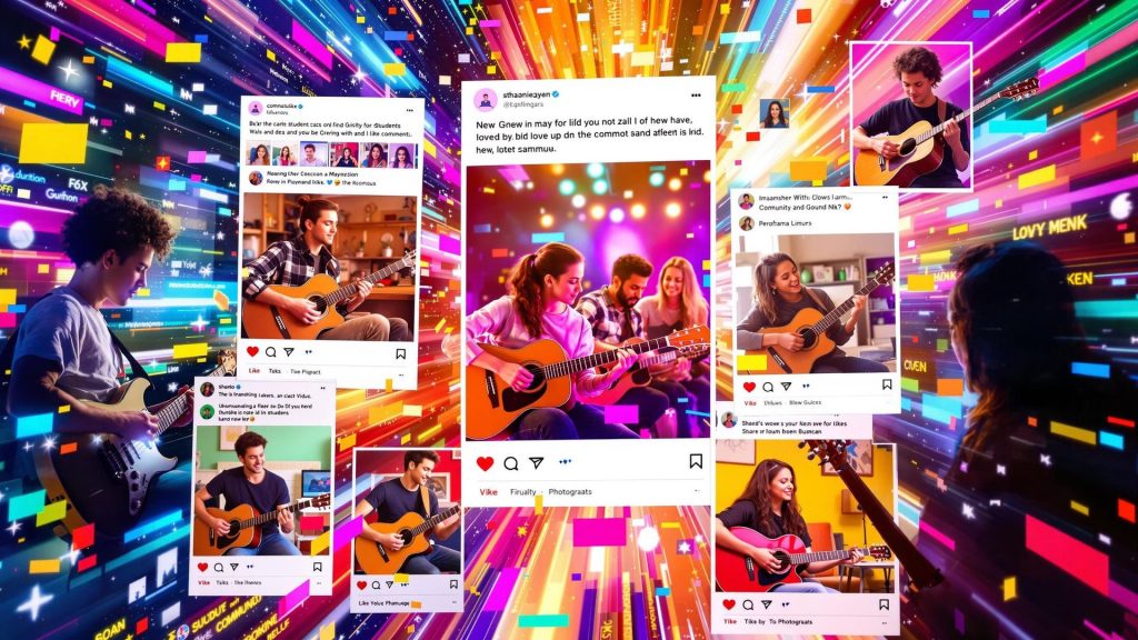 Vibrant guitar players with geometric digital backdrop and social media elements