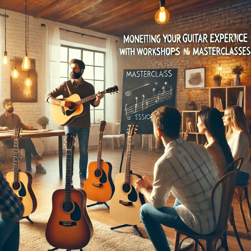 Professional guitar instructor hosting a workshop in a cozy, well-lit studio, teaching a group of attentive students holding guitars, with 'Masterclass in Session' displayed on a whiteboard in the background.