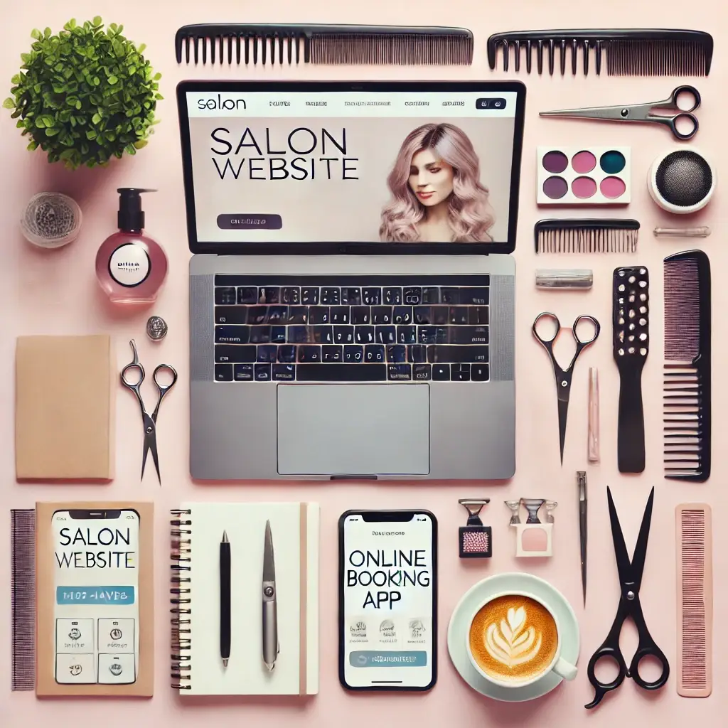 A flat lay featuring a laptop displaying a professional salon website, a smartphone with an online booking app, and salon tools like scissors and combs, arranged on a pastel background. Ideal for illustrating salon website must-haves