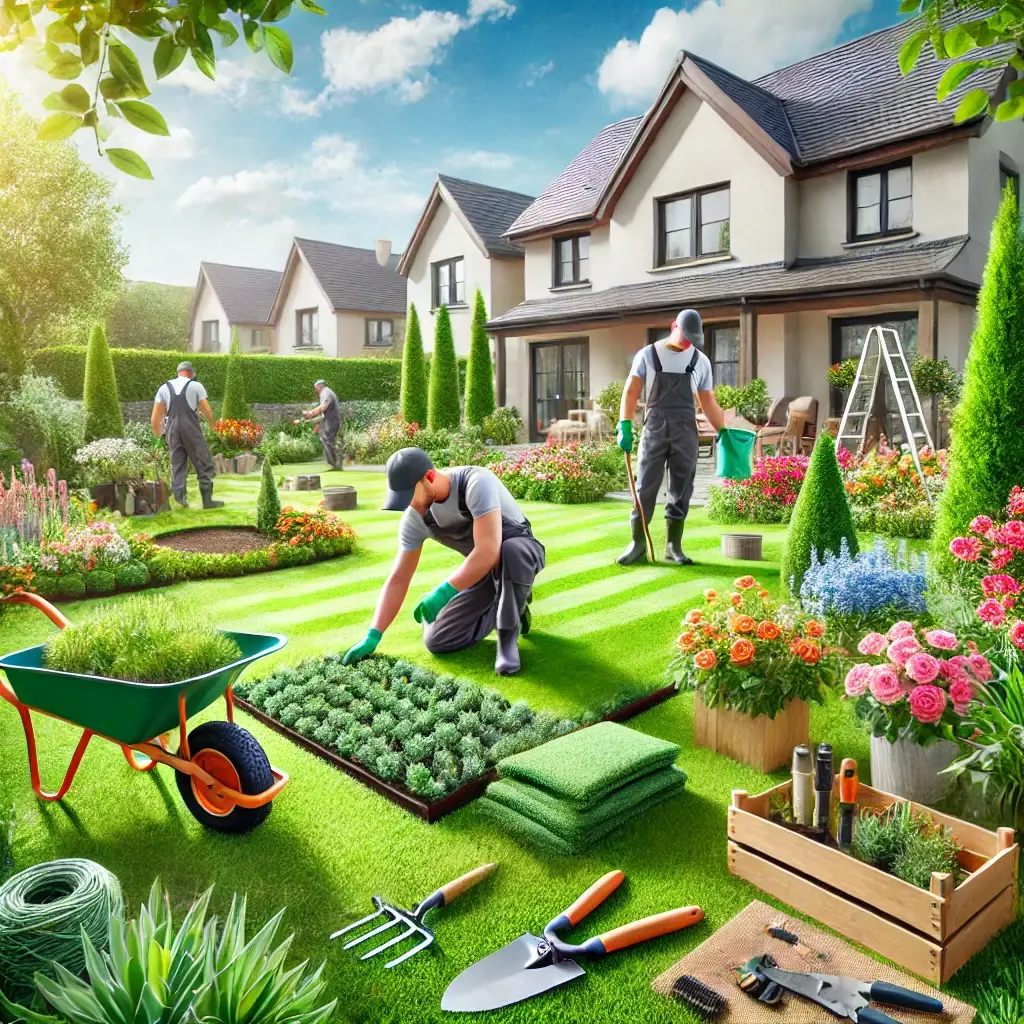 Professional landscaping team working in a lush green backyard, planting flowers, trimming hedges, and laying fresh sod with vibrant flower beds and a well-maintained suburban garden