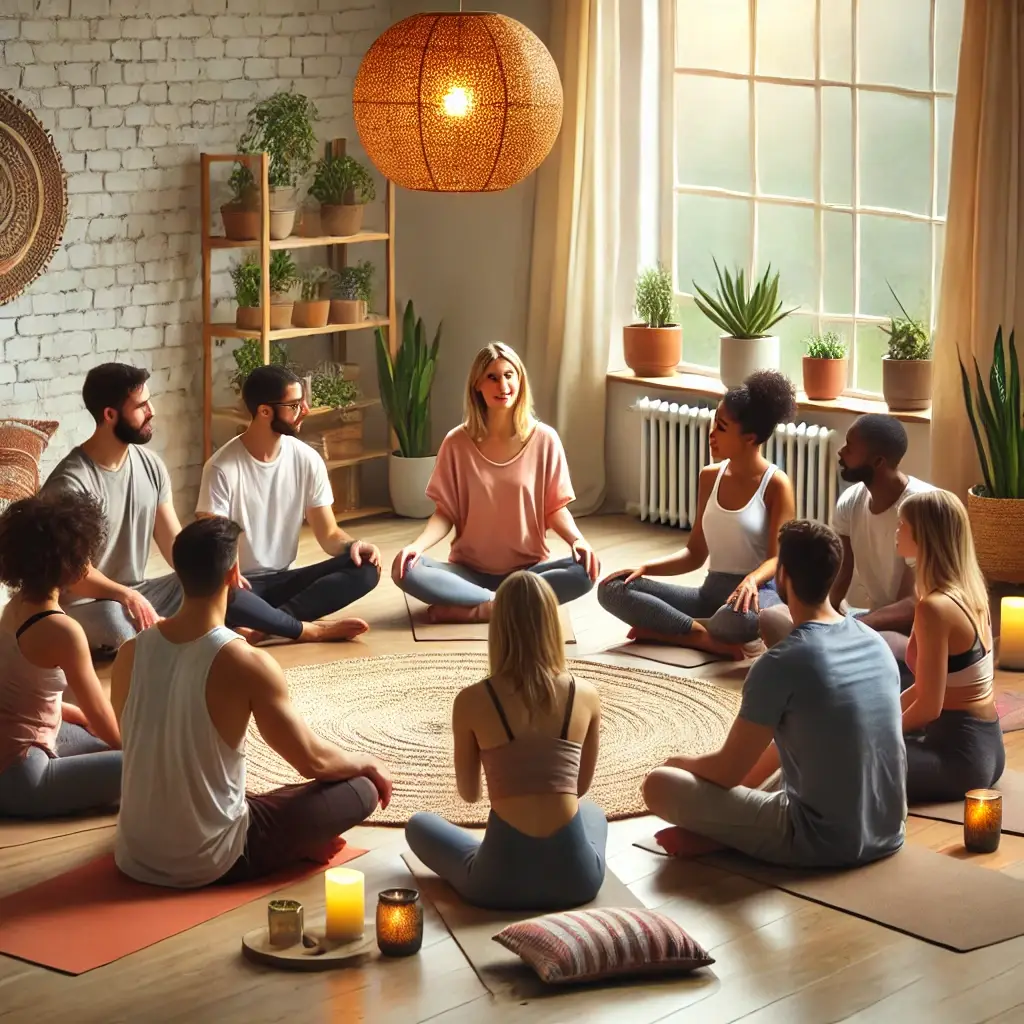 A warm and inviting yoga studio featuring a diverse group of students sitting on yoga mats in a circle, led by a smiling yoga instructor. The studio is decorated with potted plants, candles, and calming decor, symbolizing community and connection.