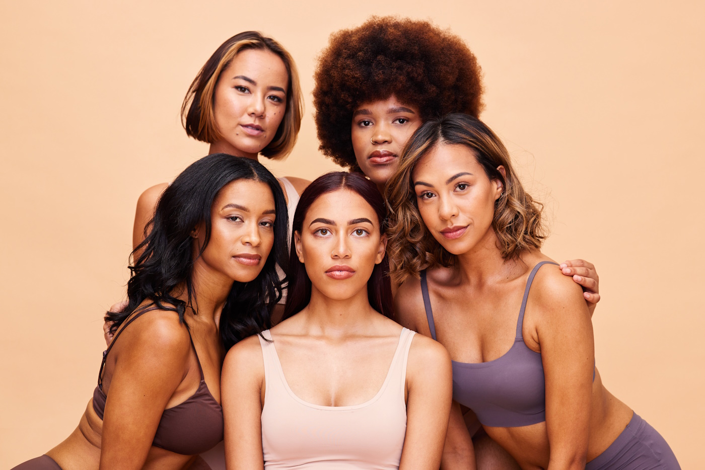 Diversity, beauty and portrait, group of women with self love and solidarity in studio together. Co.