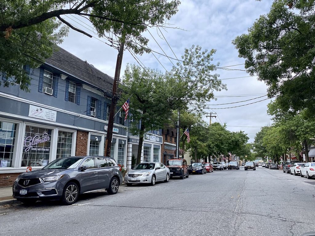 A view of Downtown Oyster Bay, NY, featuring charming storefronts, parked cars, and tree-lined streets under a cloudy sky.