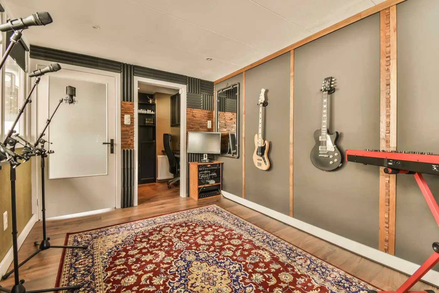 Minimalist interior of music studio with carpet