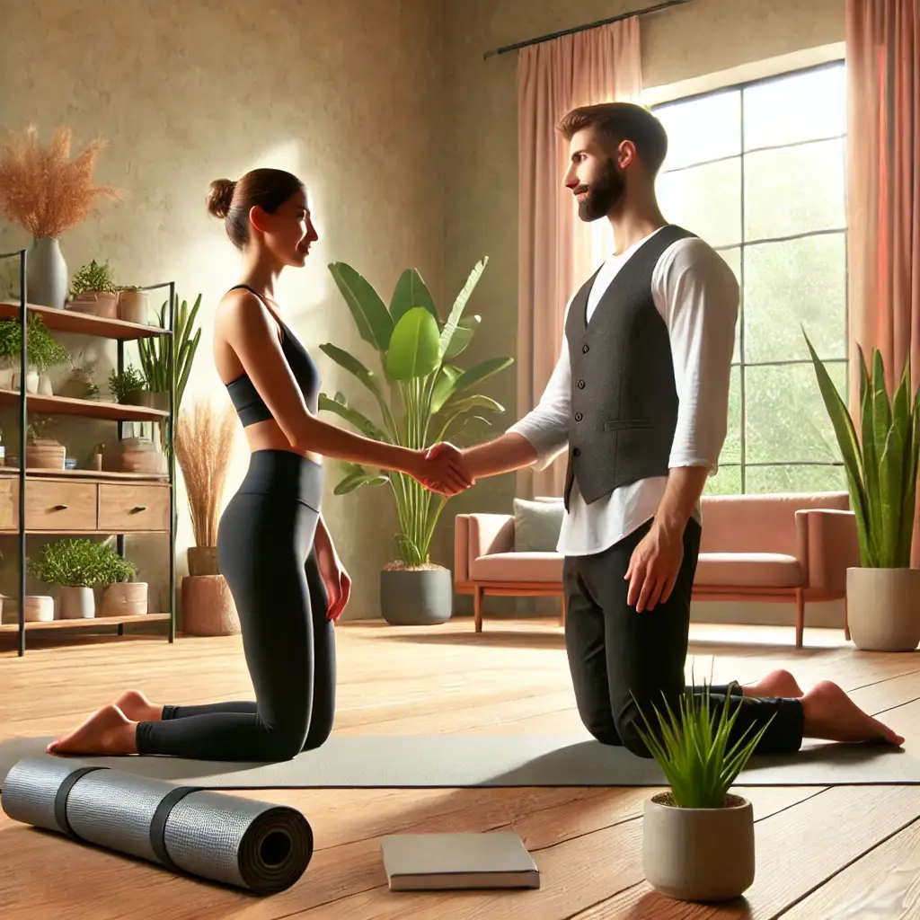 Two yoga instructors shaking hands in a serene and professional yoga studio, surrounded by yoga mats, lush greenery, and minimalist decor, symbolizing collaboration and partnerships in a wellness environment.