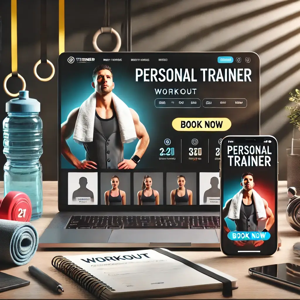 A sleek and modern personal trainer website interface displayed on a laptop and smartphone, featuring a vibrant fitness theme with a professional trainer profile picture, workout schedules, and a 'Book Now' button. The setting includes a clean desk with fitness gear, a water bottle, and a notebook, highlighting professionalism and organization.