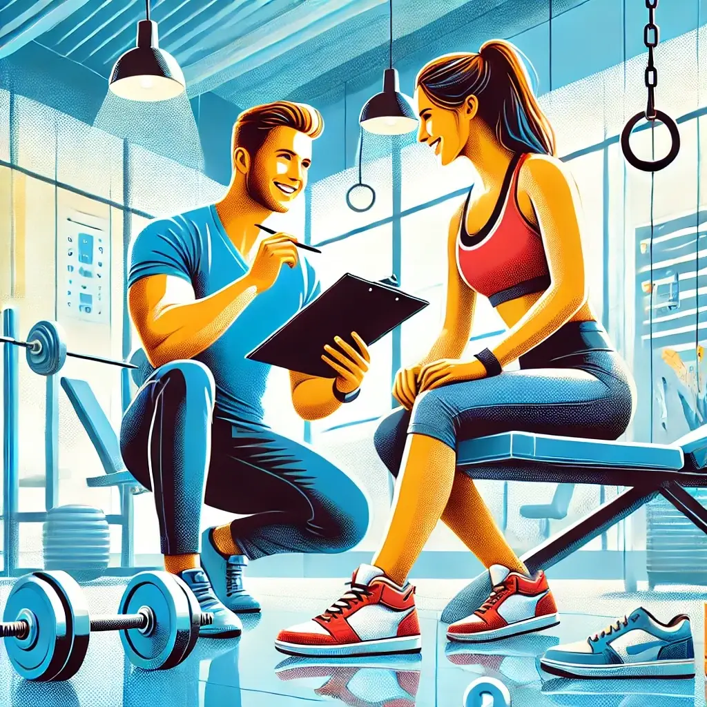 A professional personal trainer consulting with a client in a modern gym, surrounded by exercise equipment, symbolizing business planning and pricing strategies for fitness services.