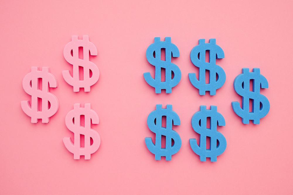 American dollar symbol on pink background,blue and pink money minimal flatlay top view