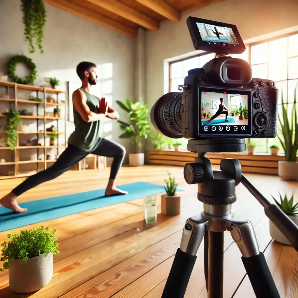 A vibrant and professional image of a yoga instructor recording a social media video in a serene yoga studio, featuring natural light, lush green plants, and minimalist decor. The instructor is demonstrating a yoga pose in front of a camera setup, creating an inspiring and engaging atmosphere for promoting yoga classes online.