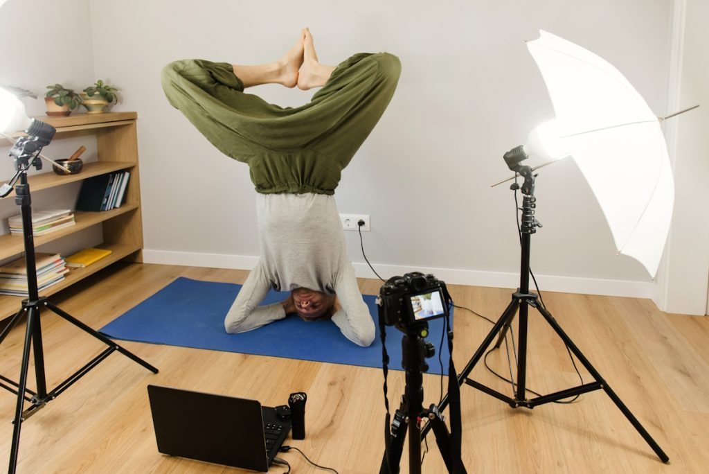 Online yoga practice, webinar e-learning, teacher working at hom