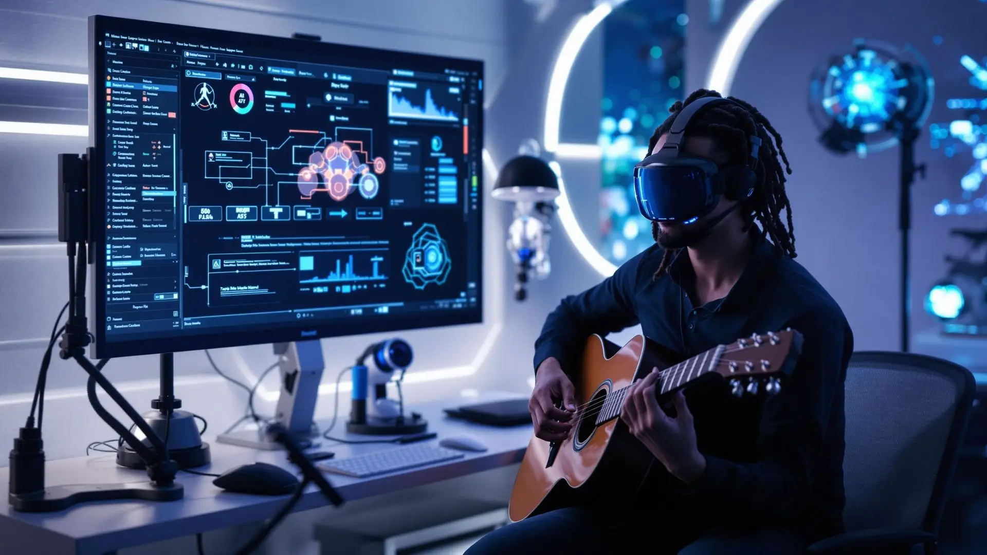 An innovative guitar instructor wearing a VR headset using AI-powered software to enhance guitar lessons, showcasing the integration of technology in modern music education