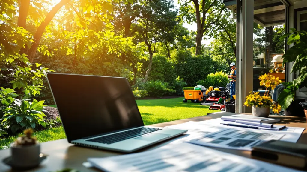 A home office with a laptop and paperwork overlooking a lush backyard where a landscaper works with equipment.