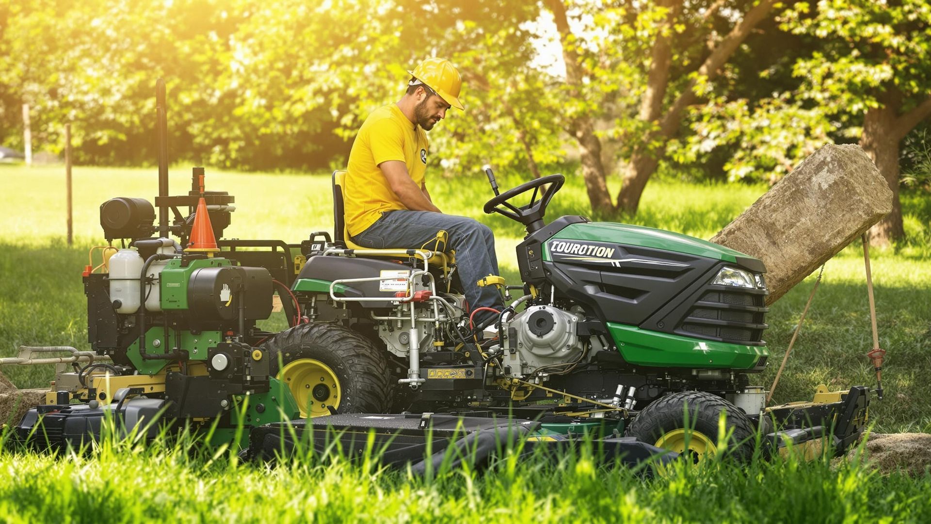 Person on a riding lawn mower in a sunny, grassy area surrounded by trees