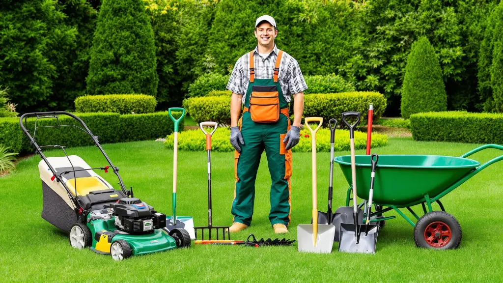 A professional landscaper standing in a well-maintained yard with essential tools and equipment, including a lawn mower, shovels, rakes, and a wheelbarrow.