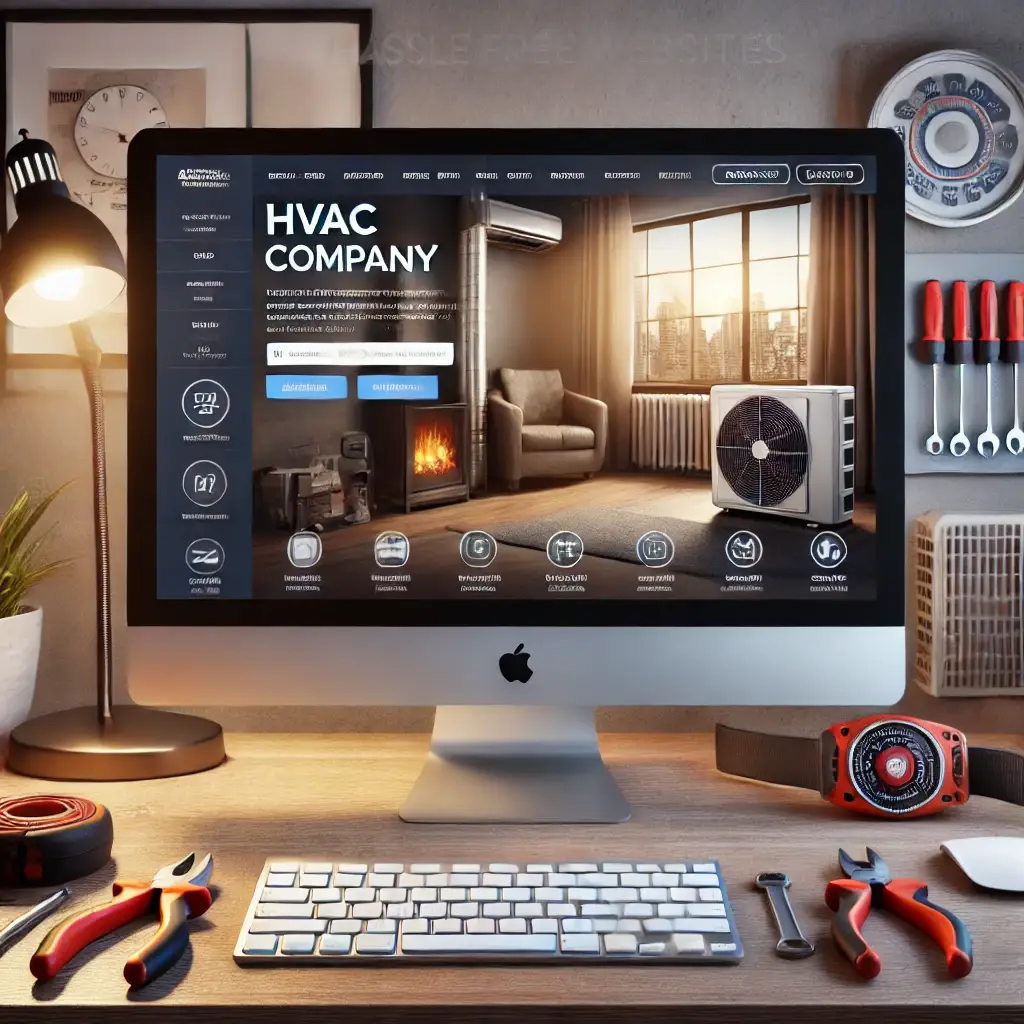 a desktop computer displaying a professional HVAC company website with a call-to-action button and testimonials, surrounded by HVAC tools in a cozy office setting.