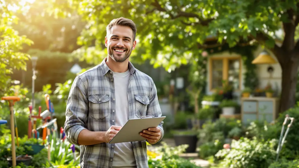 A smiling man holding a clipboard in a garden, symbolizing planning and preparation for a landscaping business