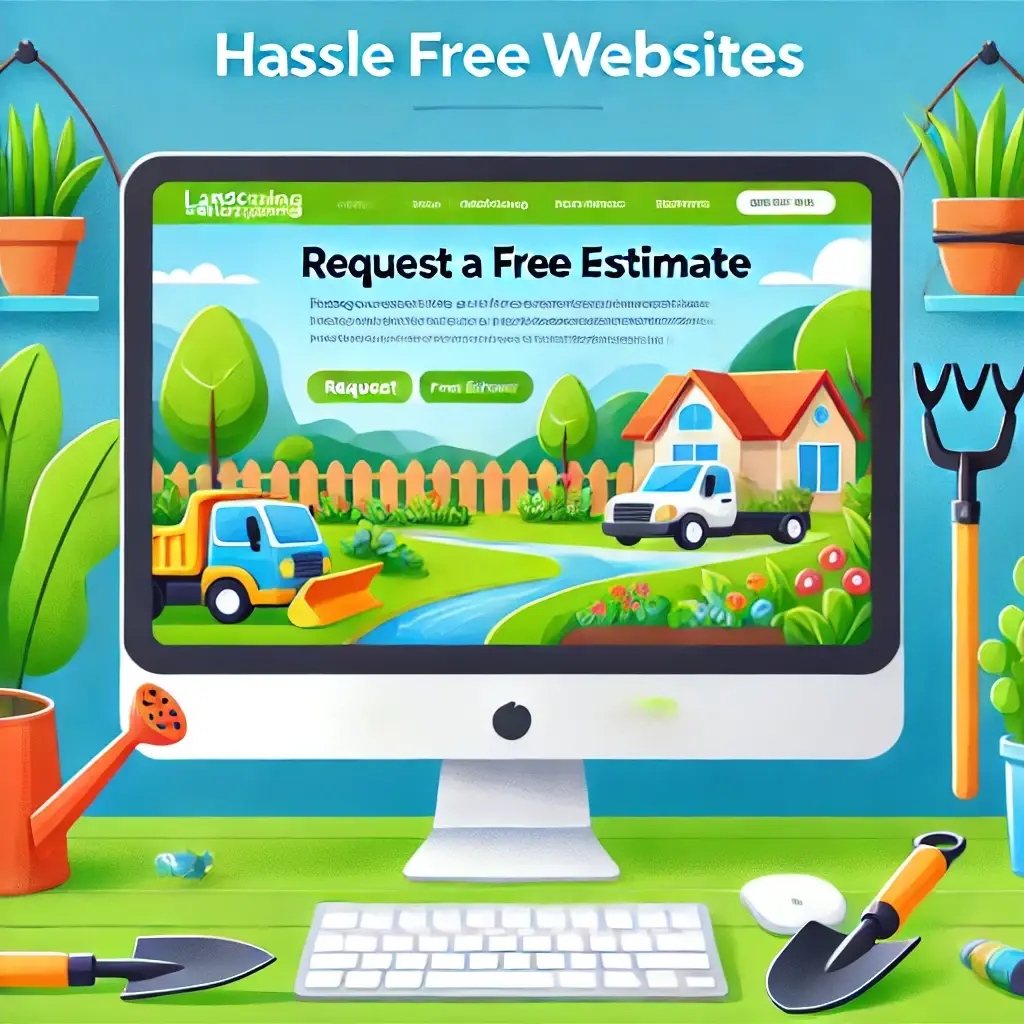 A colorful cartoon illustration of a modern landscaping business website displayed on a desktop screen, featuring a vibrant 'Request a Free Estimate' button and lush green landscaping visuals. Surrounding the computer are cartoon-style gardening tools like a rake, shovel, and potted plants in a playful workspace setting.