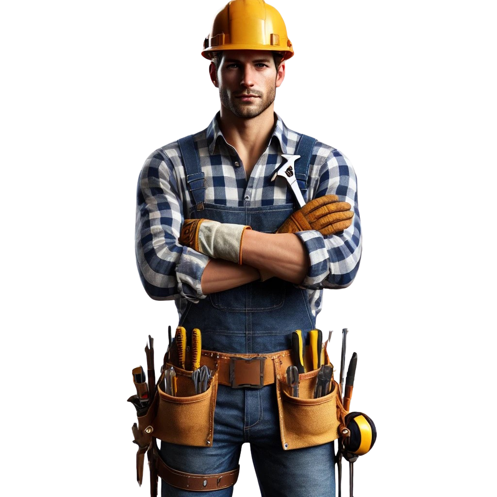 Photorealistic image of a professional roofer wearing safety gear, including a hard hat and gloves, with a tool belt containing minimal roofing tools like a hammer and nails, posed confidently