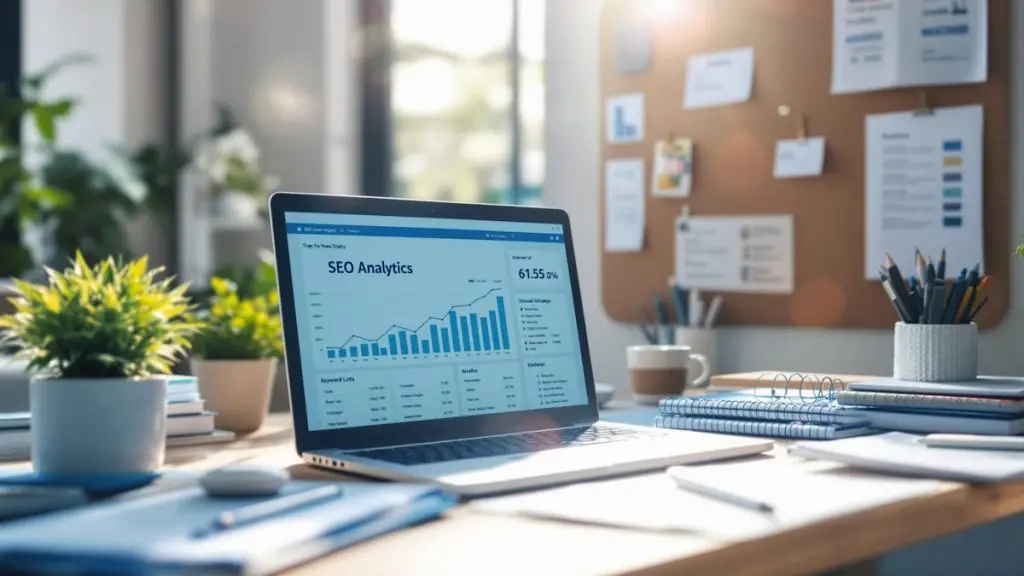 A laptop displaying an SEO analytics dashboard with graphs and metrics, placed on a desk in a brightly lit home office surrounded by potted plants, notebooks, and office supplies.