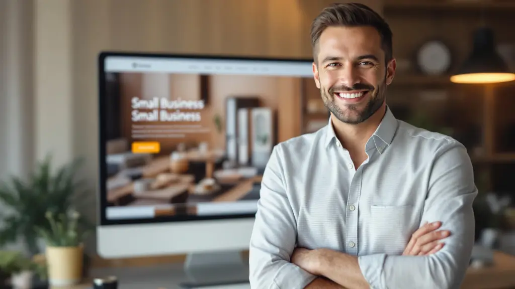 A smiling business owner standing confidently in front of a computer displaying a professional small business website on the screen.