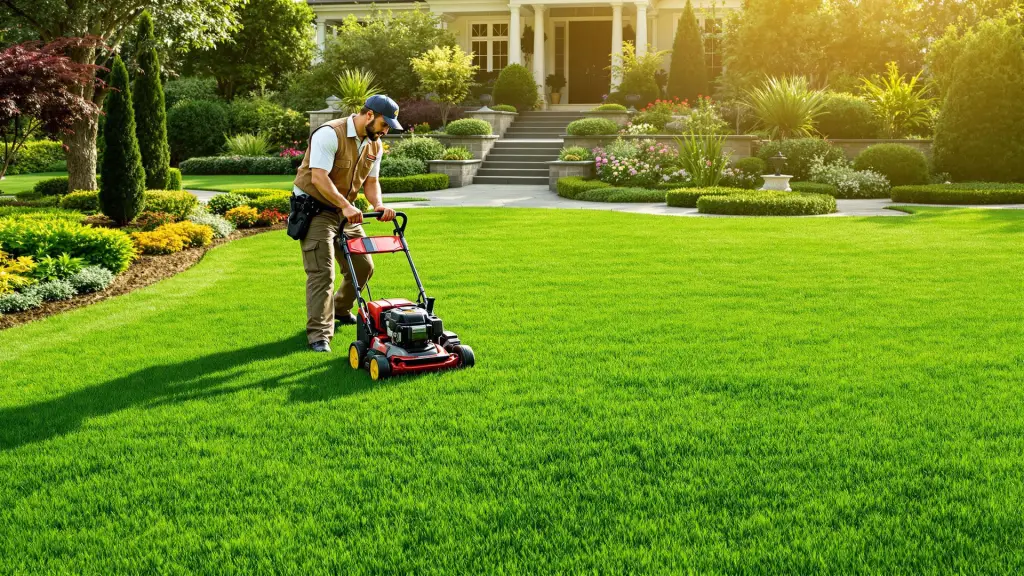 A professional landscaper mowing a lush lawn, representing the profitability of lawn care services in the landscaping industry.