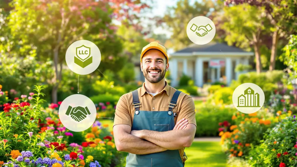 A smiling landscaper in overalls standing in a vibrant garden, with icons representing business structures such as LLC, partnerships, and corporations.