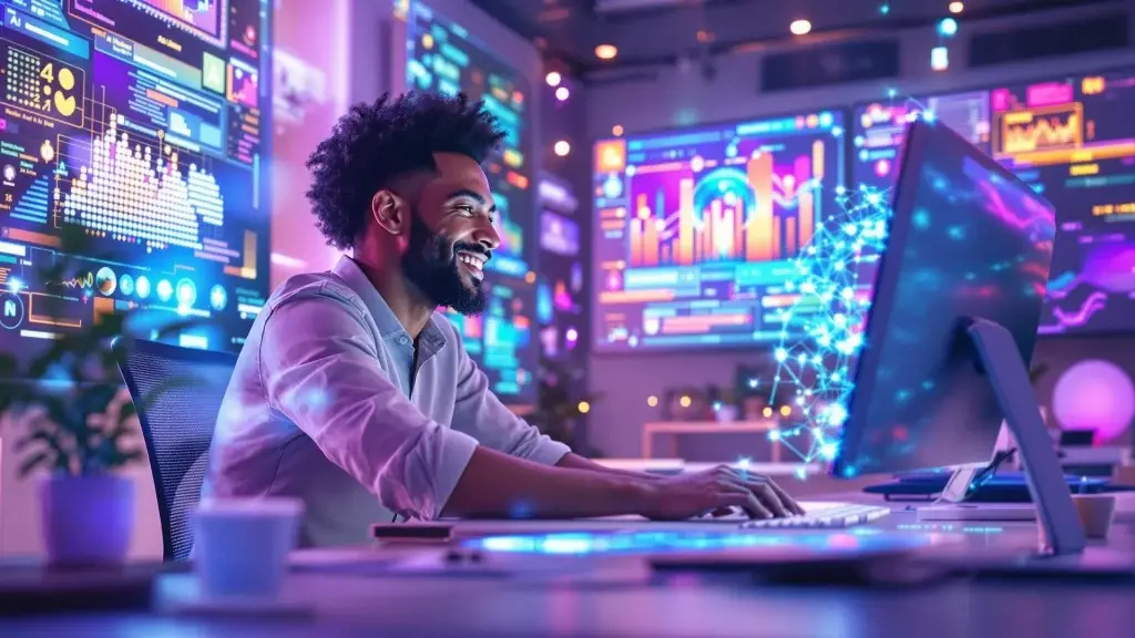 A smiling man working on a computer surrounded by vibrant digital displays, showcasing data visualization and AI-powered graphics in a futuristic workspace.