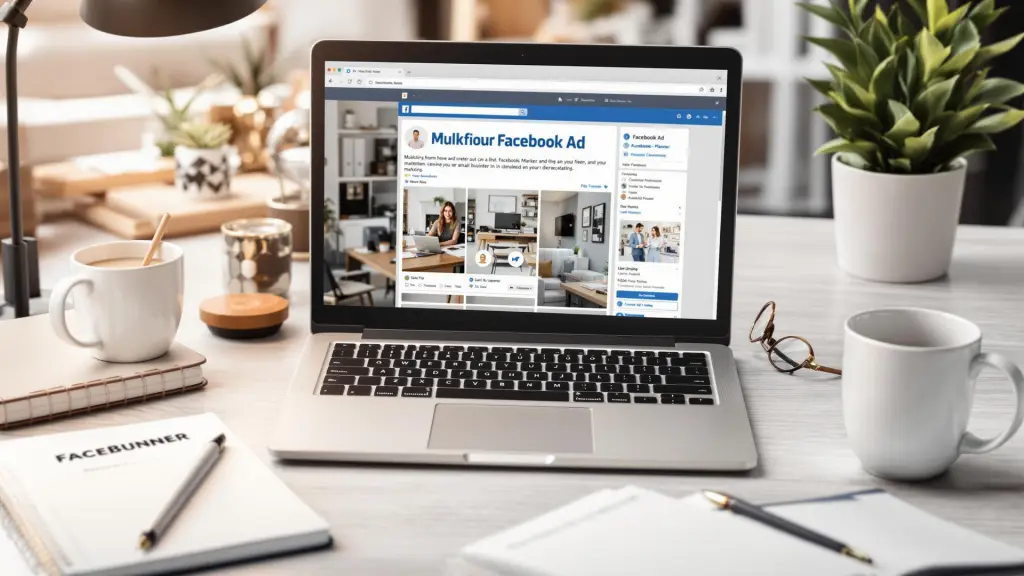 Laptop screen displaying Mulkifour Facebook Ad mock-up with office photos