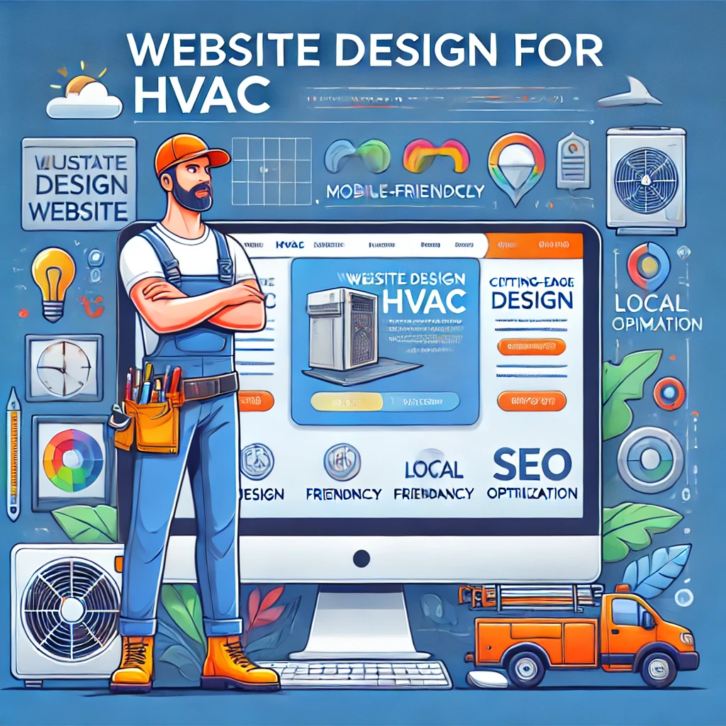 Illustration of an HVAC technician in front of a computer displaying a custom-designed HVAC website, emphasizing professional design and SEO optimization