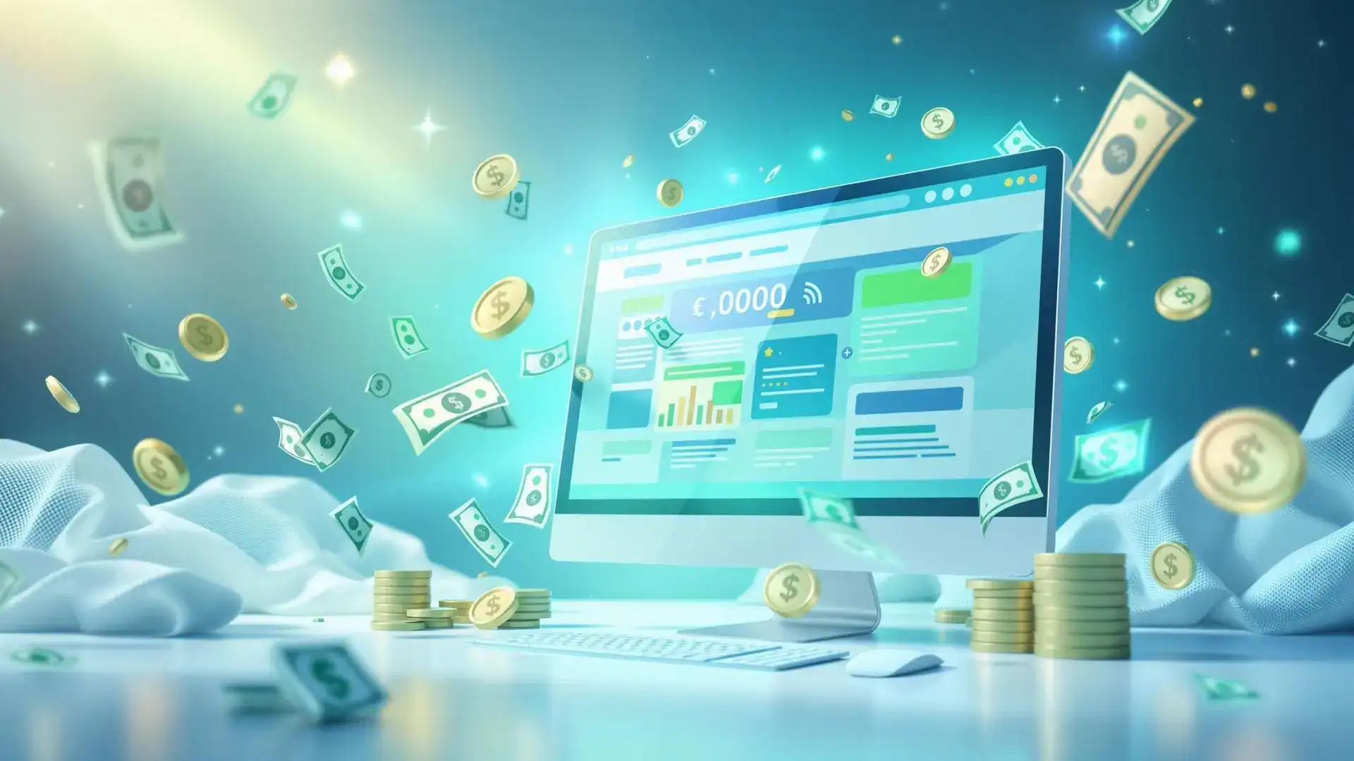 A digital illustration of a computer screen displaying a financial dashboard with floating dollar bills and coins, symbolizing website costs and online business investments.