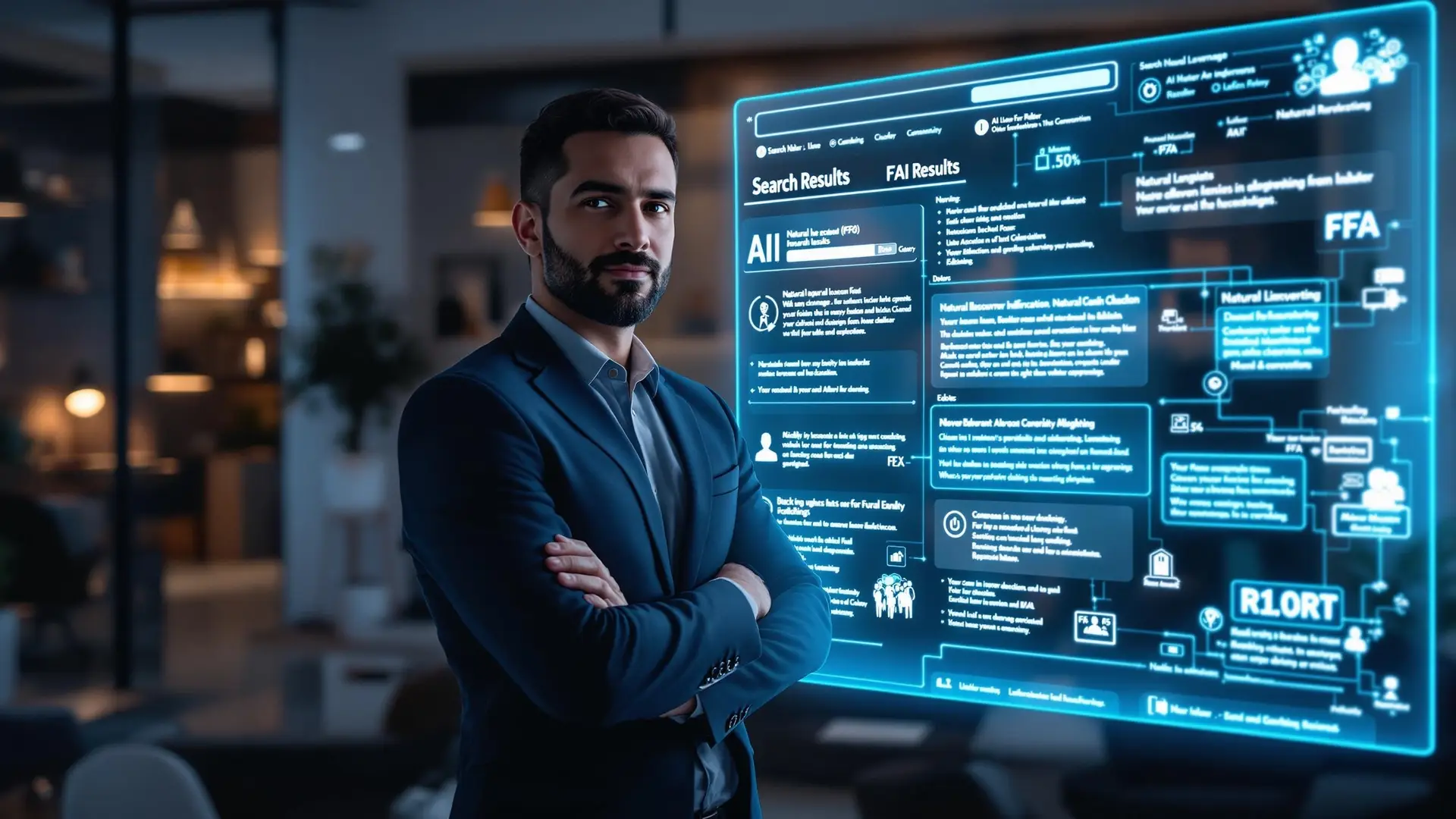 A confident professional standing in front of a futuristic display screen showcasing detailed data and strategies on optimizing content for AI search results.