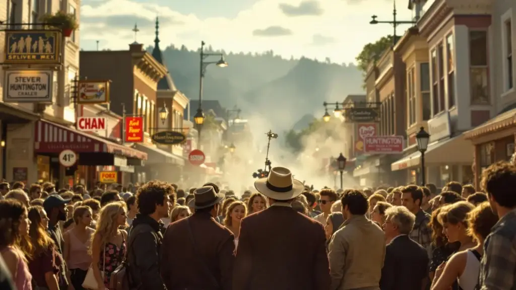 A bustling street scene with a crowd of people filling a lively downtown area. The street is lined with vintage storefronts, and signs for businesses like “Huntington Café” and “Steven Huntington Craler” are visible. In the foreground, two men wearing hats are standing amidst the crowd, with a sense of anticipation in the air. A backdrop of distant hills and smoky haze adds to the cinematic feel.