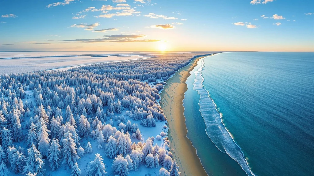 Scenic view of a snow-covered forest meeting the shoreline at sunrise, symbolizing Maria Daume's journey from Siberia to Long Island