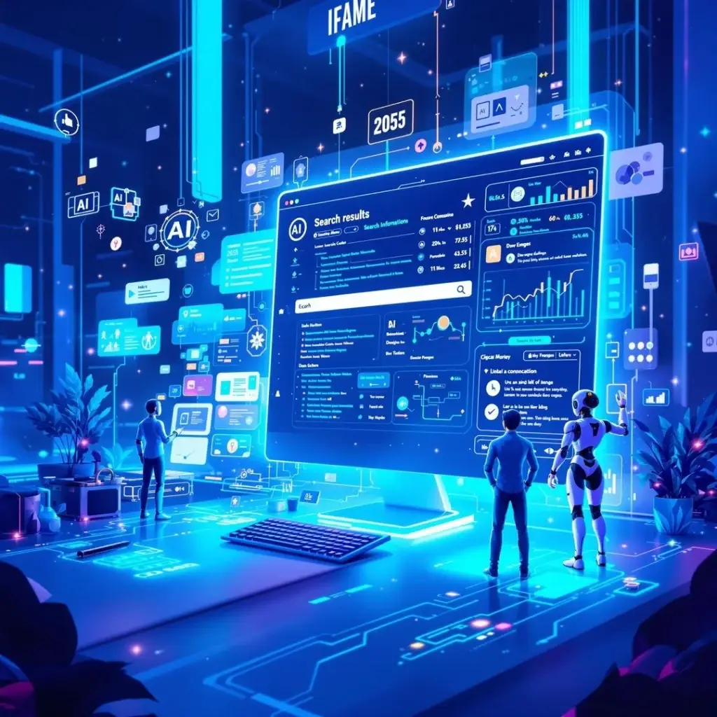 A futuristic scene featuring a massive screen displaying AI search results, surrounded by holographic data, robots, and people analyzing the information.