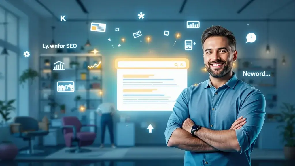 A smiling professional standing confidently with arms crossed in a modern office environment, surrounded by digital SEO icons and a glowing search engine interface in the background.