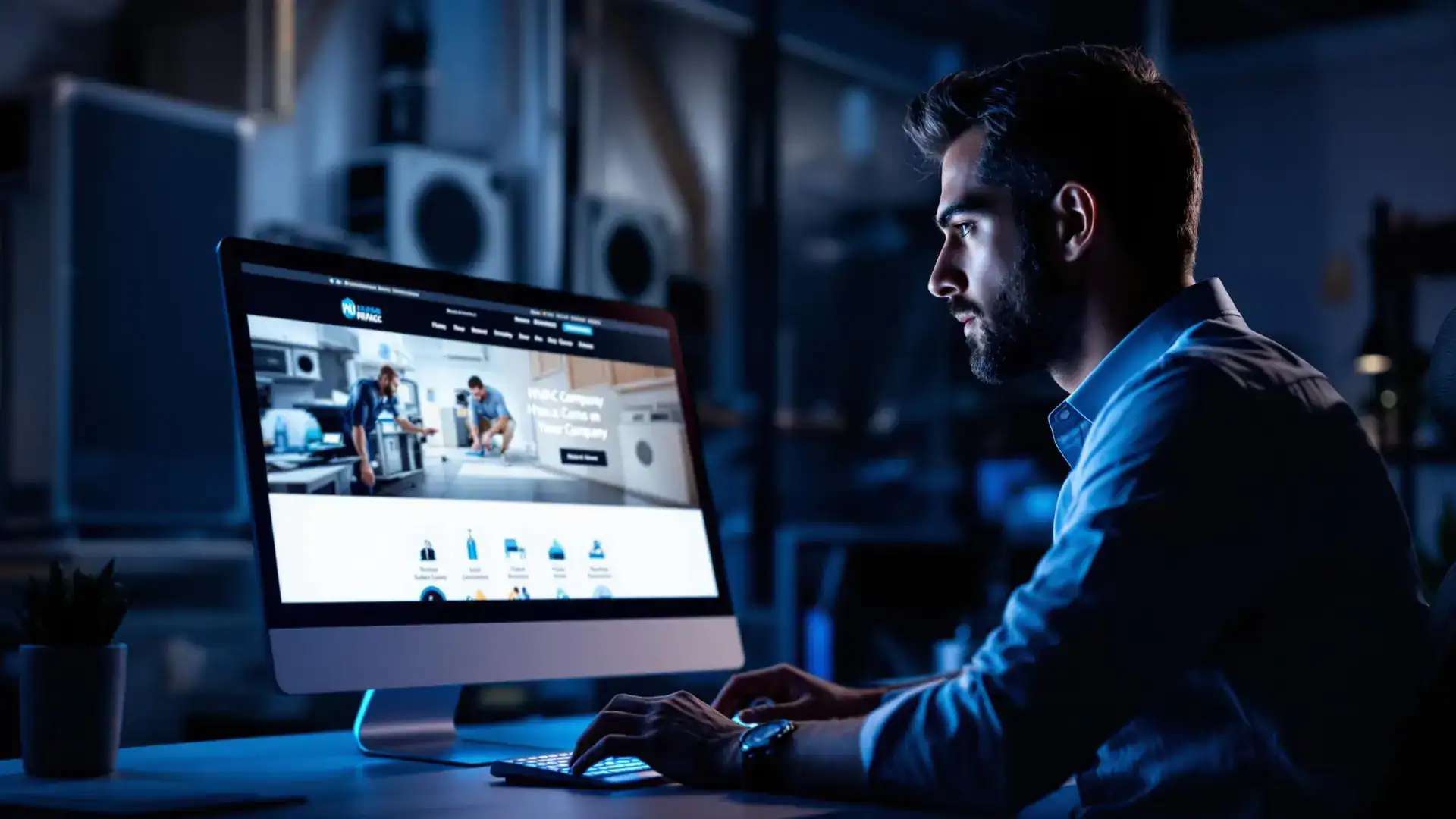 A man working on a desktop computer displaying a website for HVAC services in a dimly lit workspace.