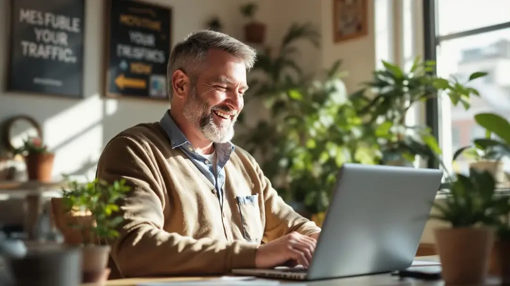 A smiling businessman working on a laptop in a bright, plant-filled office space.