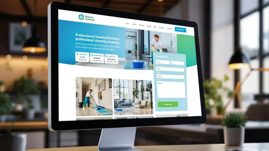 A computer screen displaying a modern and professional website design for a cleaning business, featuring a contact form, service details, and images of cleaning professionals.