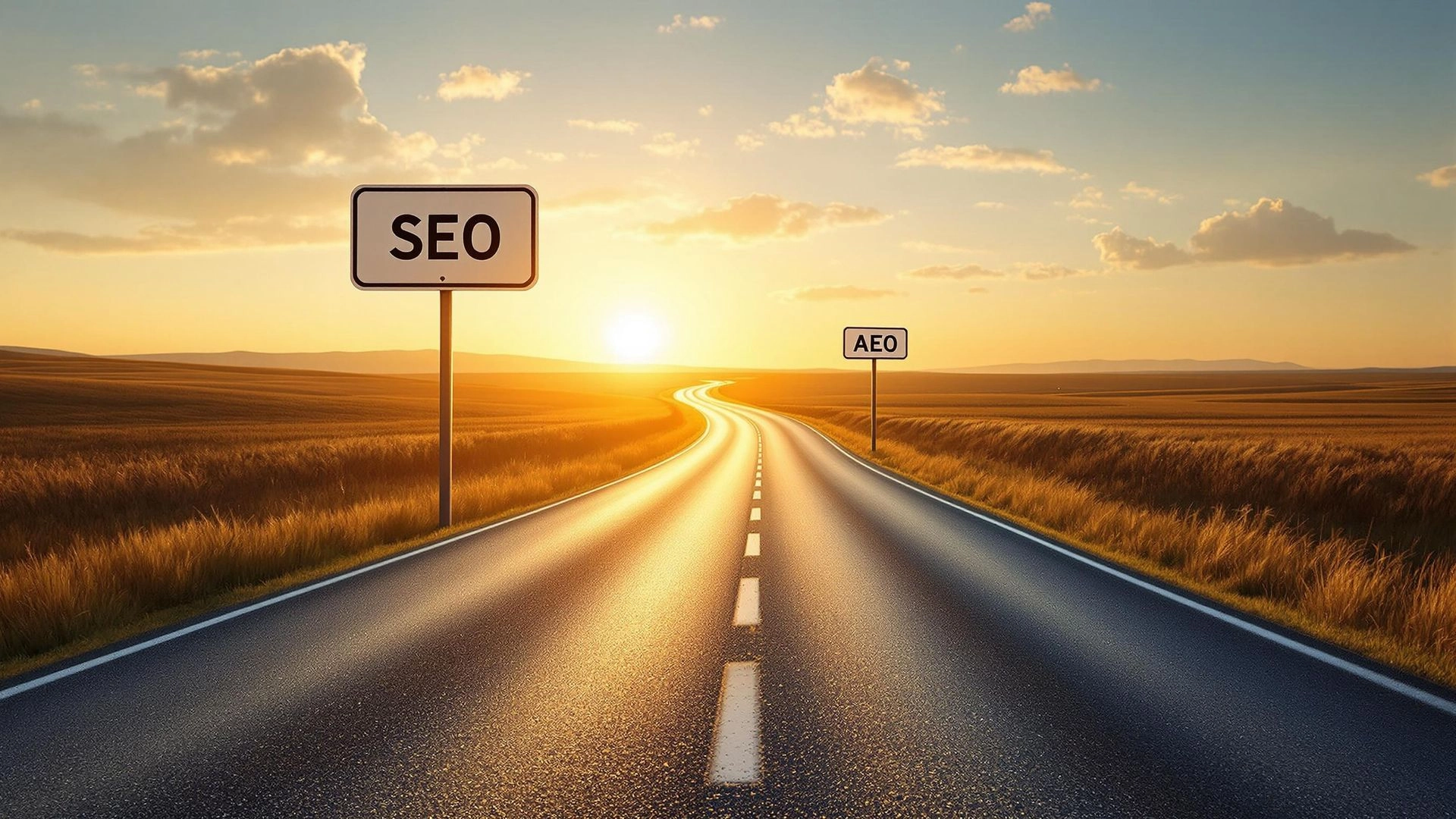 A long road stretching into the horizon with signposts labeled "SEO" and "AEO," symbolizing the transition from traditional SEO to AI-driven optimization.