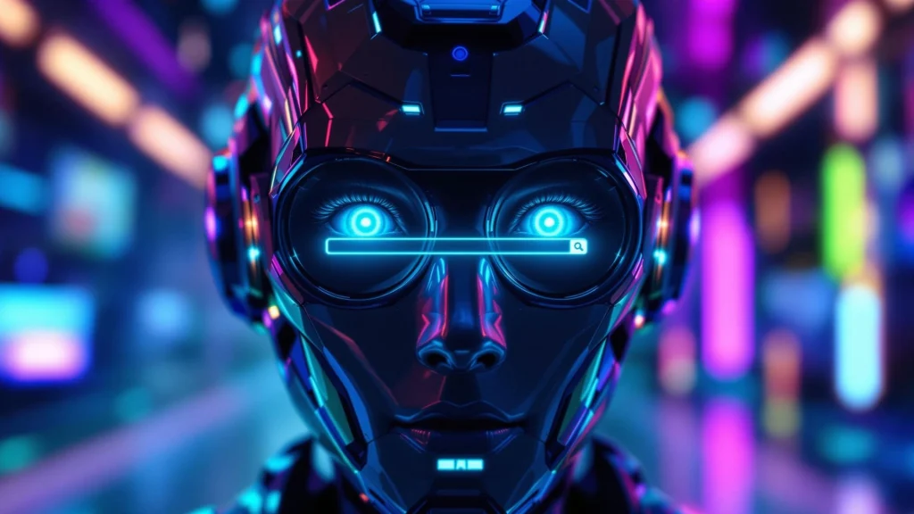 Futuristic AI robot with glowing blue eyes and a digital search bar, representing artificial intelligence search technology.