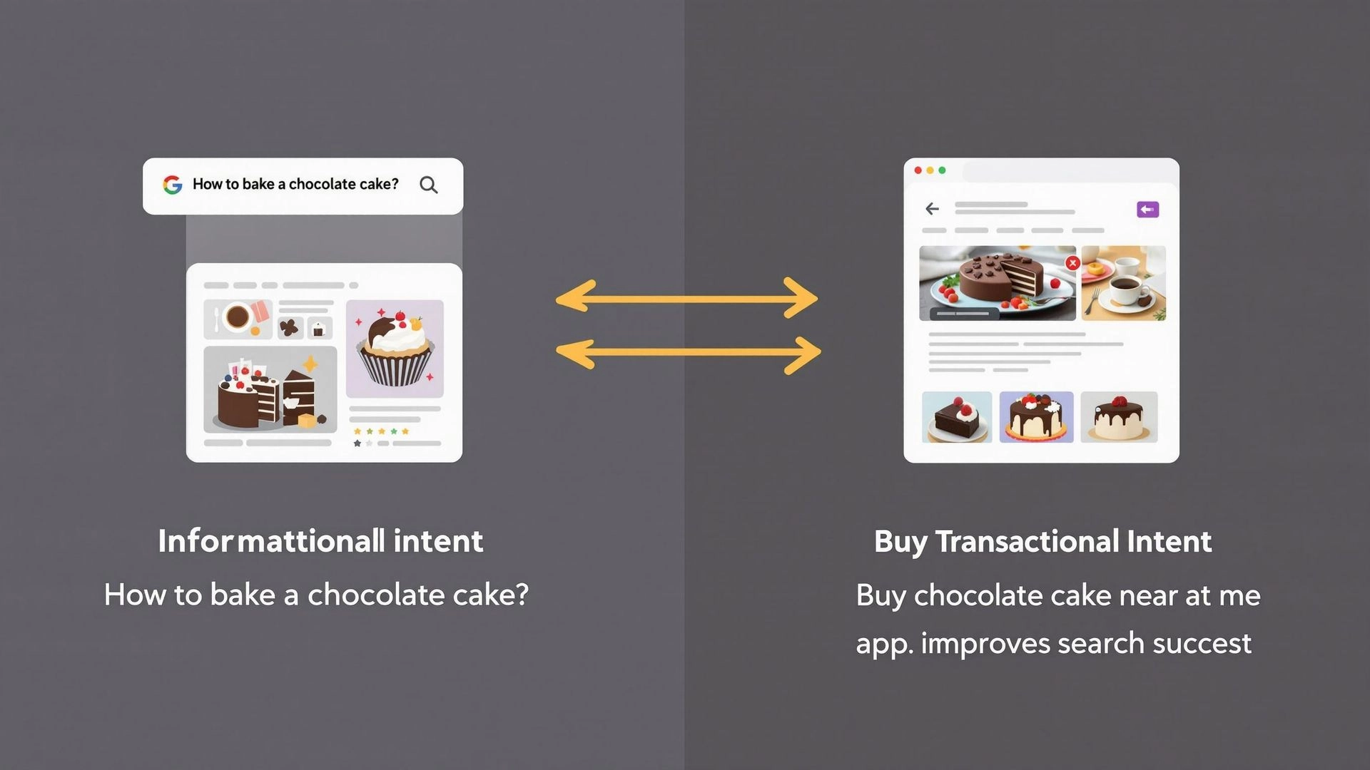 A split-screen infographic showing informational and transactional search intent, with arrows linking search queries to their appropriate content types.