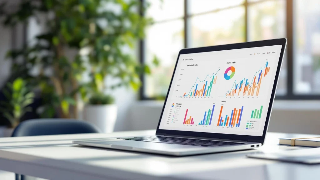 A laptop displaying website traffic and analytics charts, symbolizing the impact of AI-driven optimization on website performance.