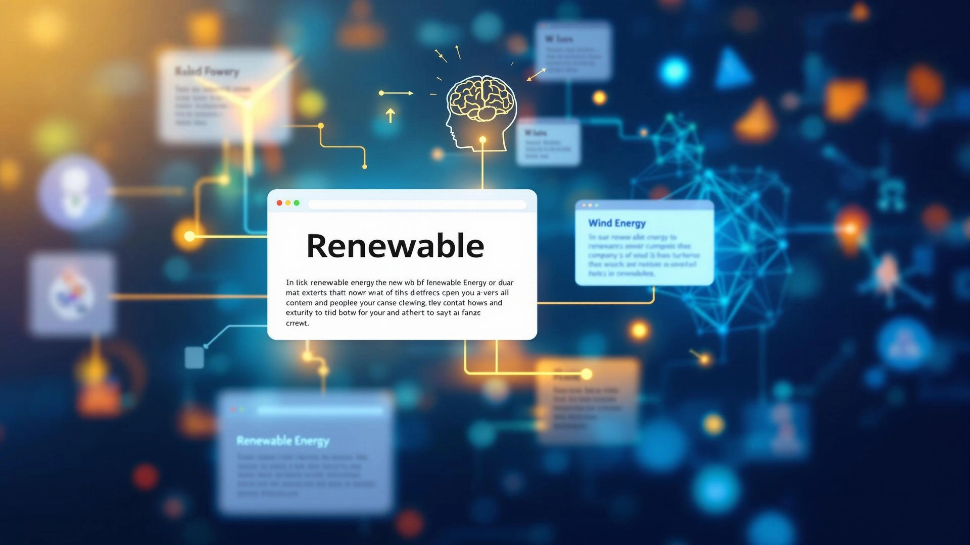 A digital web page on renewable energy with contextual links connecting to related topics like wind energy and solar power, symbolizing AI understanding content relationships.