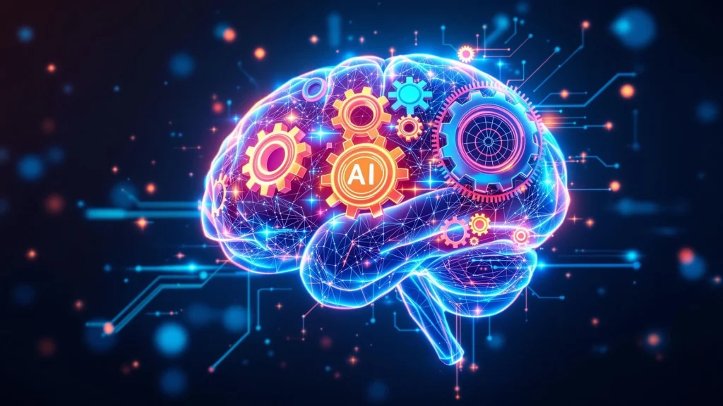 A glowing digital brain with interconnected gears labeled "AI," symbolizing the role of artificial intelligence in optimizing SEO and search strategies.