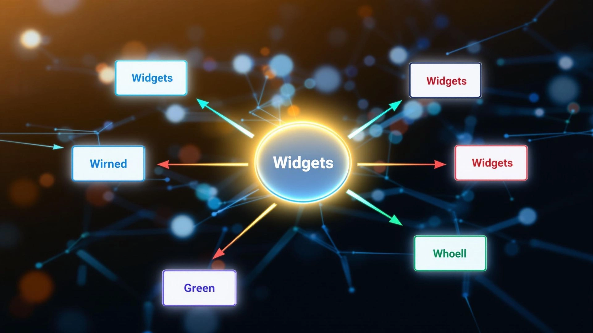 A hub-and-spoke diagram showing a core topic labeled "Widgets" linked to related subtopics like "Blue Widgets" and "Green Widgets," illustrating internal linking for topic clusters.